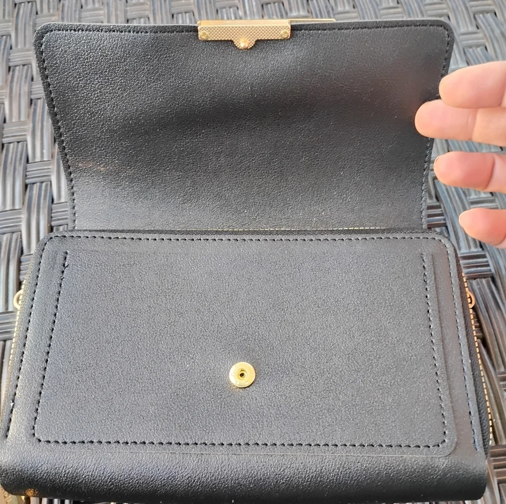 Forever Lovely Large Black Vegan Leather Wallet Clutch Gold Accents By Madley